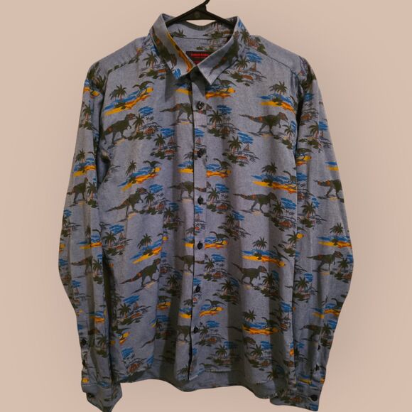 Jared Lang After Hours Men’s Embroidered Dinosaur Slim Fit Shirt Size Large - Picture 3 of 5